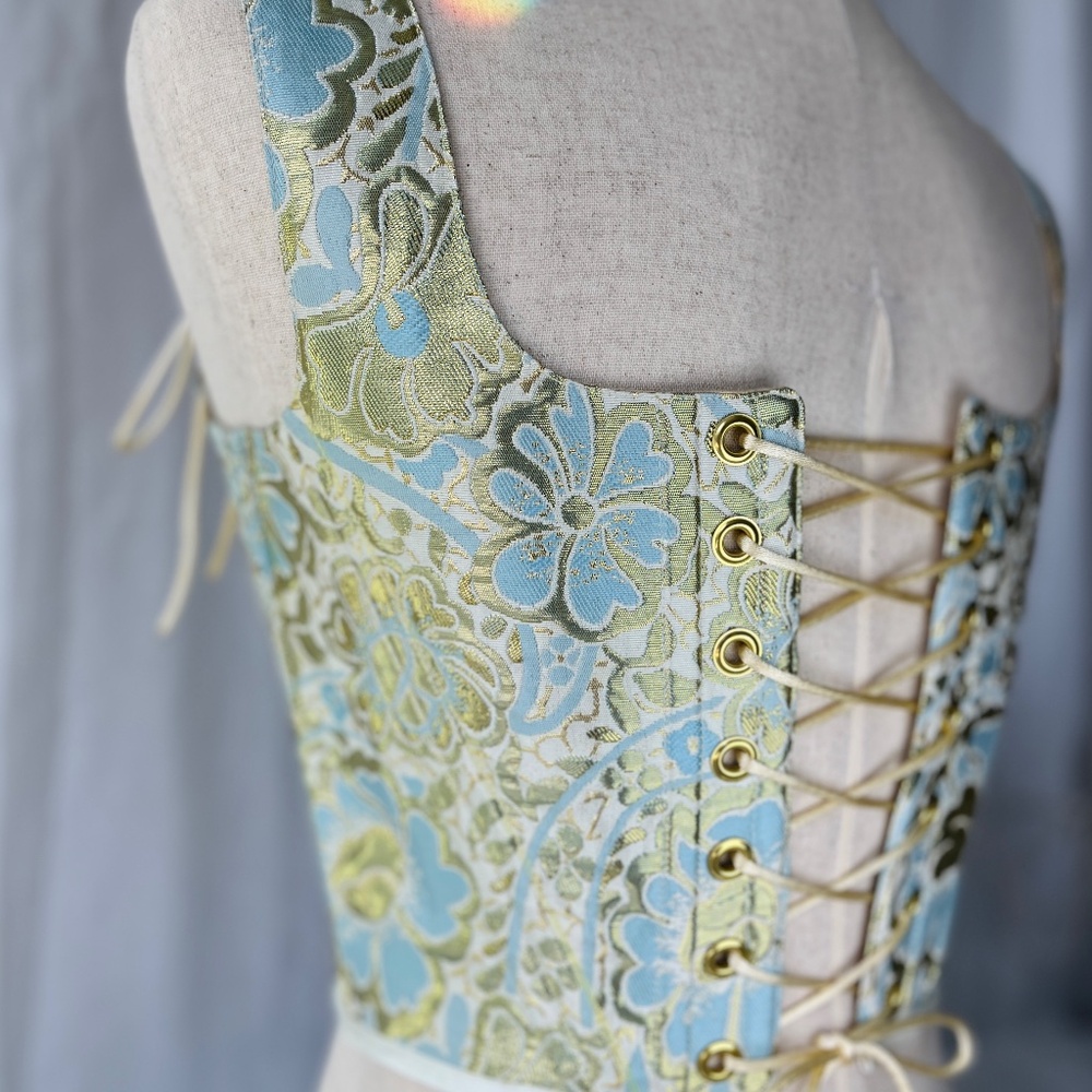 Gold Floral Brocade Corset Top: Handcrafted Flower Corset - Picture 7 of 9